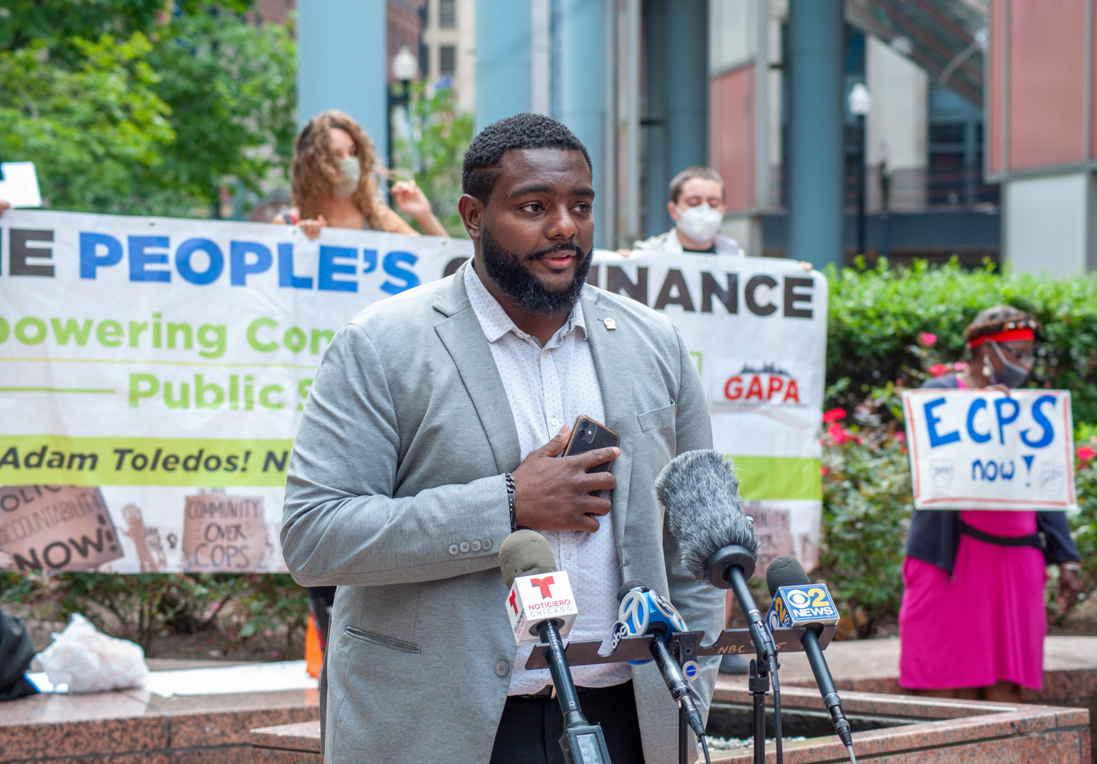 ECPS ordinance passage presser at Thompson Center Chicago on 07/21/21